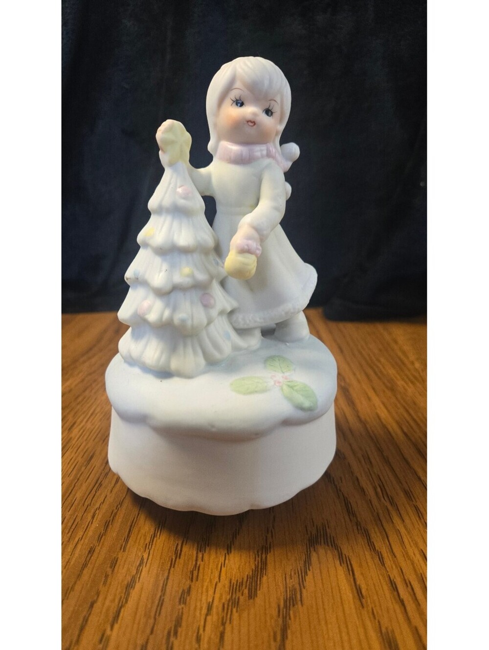 Vintage Porcelain Girl Figurine with Christmas Tree Music Box